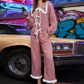 Red Plaid Long Sleeve Doll Collar Tie Up Top And  Wide Leg Pants Sets